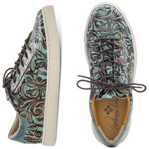 Patricia Nash Floral Embossed Sneakers in Aqua and Brown